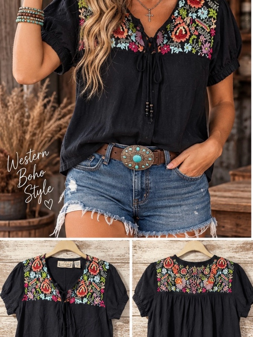 Life Style Black Embroidered Peasant Top Small Boho Western Floral
